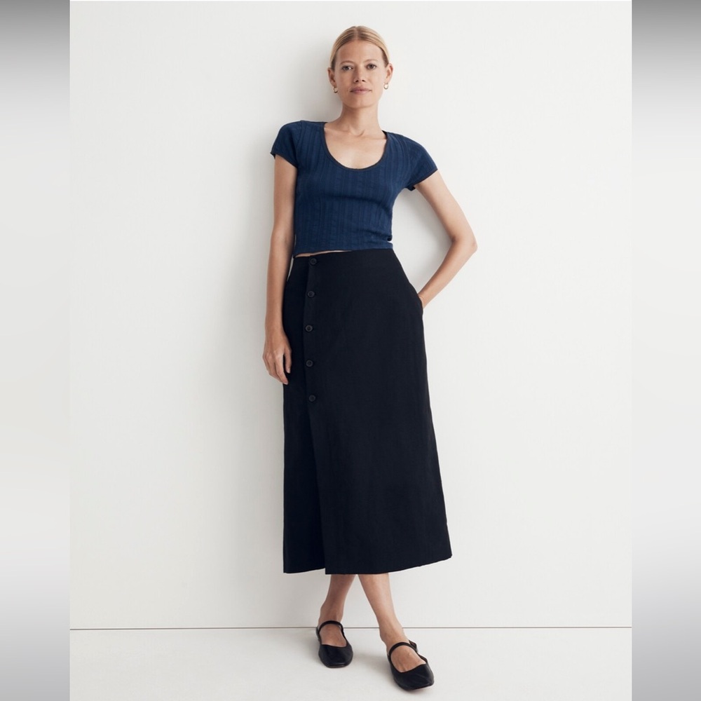 NWOT Madewell Linen-Cotton Blend Wrap Midi Skirt - Size 0 - Black - Picture 3 of 8